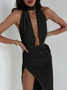 Aloruh Abrikoos Plunge Neck Tie Waist Slit Zoom Jurk, Romantische Dating, Zwarte Jurk