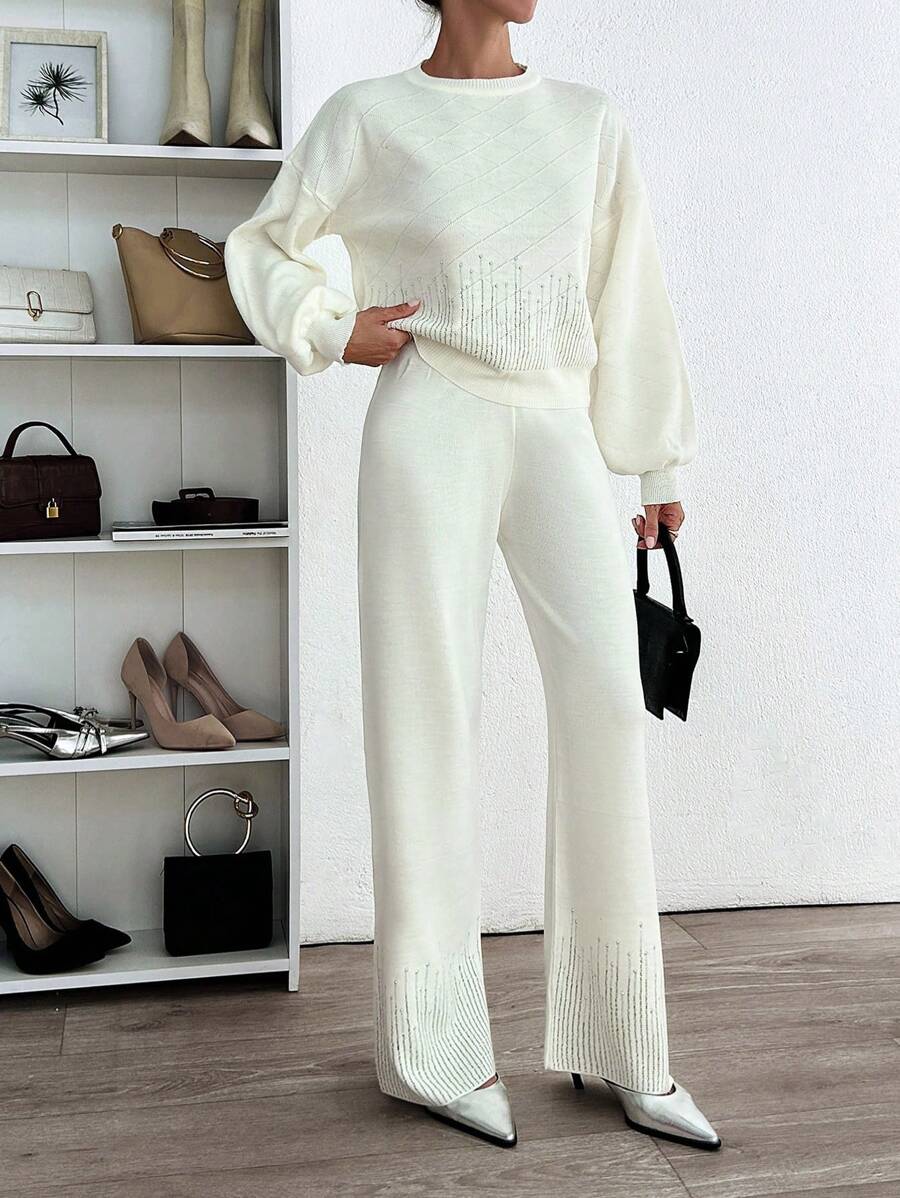 RueChic Woman Top And Bottom Rhinestones Detailed Cozy Soft Long Length Sweater Co-Ords