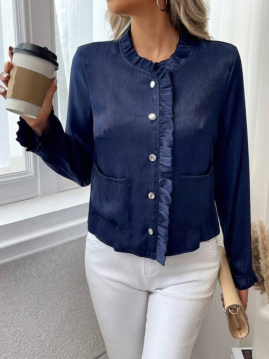 SHEIN Clasi Women's Spring & Autumn Solid Color Round Neck Long Sleeve Pocket Loose Jacket Fall Cloth For Women - Blue - View 1