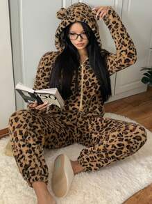 CovetEZ Women's New Plush Leopard Print Hooded Fashion Loose Jumpsuit - Brown - View 1