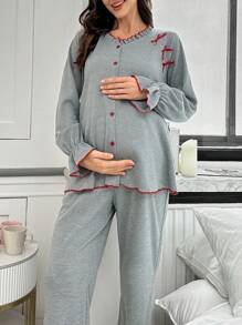 孕妇撞色蝴蝶结装饰单排扣喇叭袖裤睡衣套装