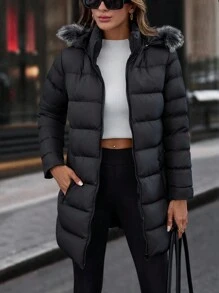 Faux Fur Hoodie Zip Up Pocket Detailed Warm Feel Long Winter Coat - Black - View 5