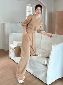 DAZY 2pcs Women's Loose Solid Color Cropped Sweatshirt And Pants Set,Fall Clothes,Thermal Lined Lounge Sets For Women - Apricot - View 10