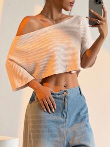 SHEIN EZwear Camiseta holgada de mujer con mangas de murciélago, cuello asimétrico, recortada y de costillas, informal