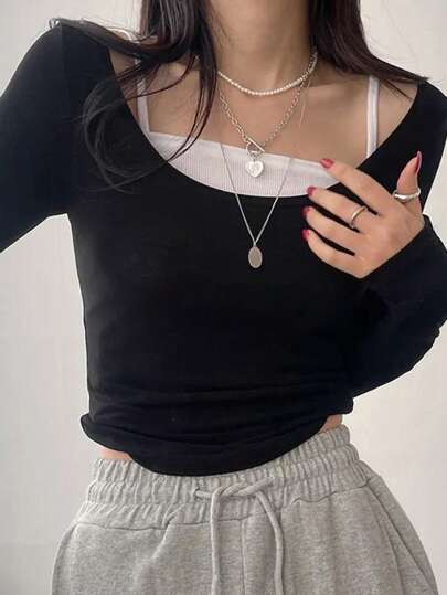 DAZY 女士春夏休闲二合一长袖 T 恤、拼色 T 恤、秋季服装