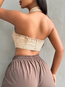 SHEIN Tall Tops de mezclilla para hombres, tops halter elásticos, tops ajustado de caqui, tops para mujeres en otoño, tops lindos, atuendos de festival rave en otoño, camisas de otoño para mujeres, tops de otoño