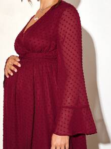 Loomaby Gender Reveal Dress Burgundy Maternity Spring/Autumn Elegant Solid Color Bell Sleeve Dress For Baby Shower Party - Burgundy - View 3