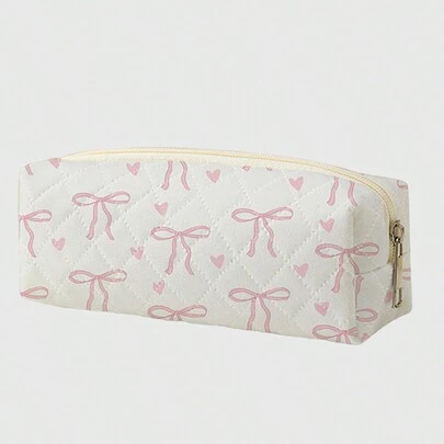 ROMWE Kawaii Butterfly & Heart Pattern Quilted Zipper Pencil Case, Cosmetic Bag, Coin Purse