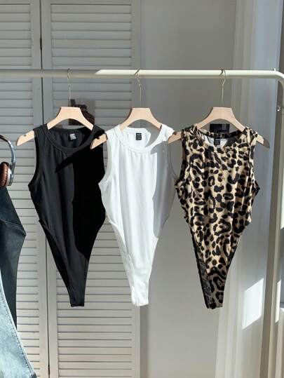 Comfortcana 3 件套女士豹纹无袖高开叉休闲紧身衣套装，适合夏季