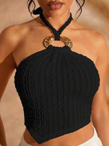 SHEIN Unity Gold Hardware Detail Asymmetrical Hem Halter Crop Top - Black - View 3