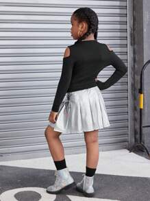 Conjunto de 2 piezas de top de manga larga con hombros abiertos y falda plisada sólida de moda urbana para niña preadolescente
