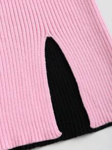 SHEIN Unity 女士纯色圆领蝴蝶结装饰开衩下摆毛衣，针织套头衫，秋冬款 - 粉色 - 查看 3
