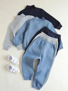 SHEIN 6pcs/Set Kids/Young Boys Casual Korean Style Letter Print Mock Neck Sweatshirt And Solid Drawstring Pants 2 Piece Knitted Outfit, Suitable For Layering With Jackets For Outing, Party, School, Play, Fleece, Thickened