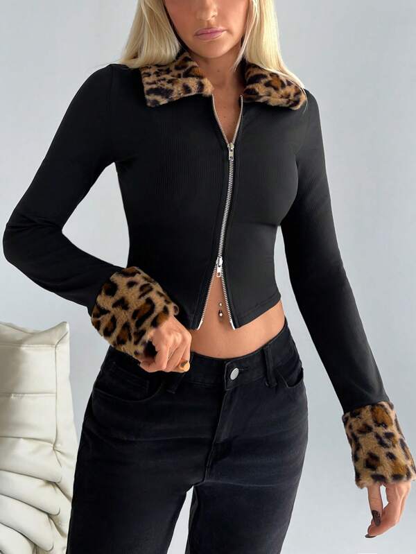 SHEIN EZwear Chaqueta ajustada con cremallera frontal, manga larga, solapa y paneles con estampado de leopardo para mujer, primavera y otoño