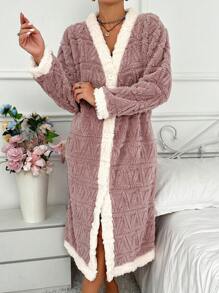 Color Blocked Jacquard Fleece Robe For Women, For Fall Winter, Cozy Outfit - Multicolor - View 3