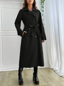 SHEIN EZwear 雙排釦腰帶風衣外套 - 黑色 - 查看 4