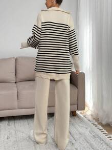 EURMUSE 女士条纹图案拉链细节领口落肩套头衫和毛衣裤套装