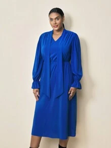 BizChic Plus Size Women's Solid Color Elegant Tie Front Bowknot Midi Dress For Spring And Summer - Blue - View 8