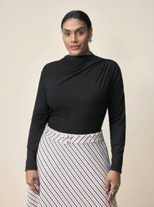 Maija 大码女式春夏纯色腰部褶皱长袖针织 T 恤秋季女装黑色长袖紧身衣 - 黑色 - 查看 5