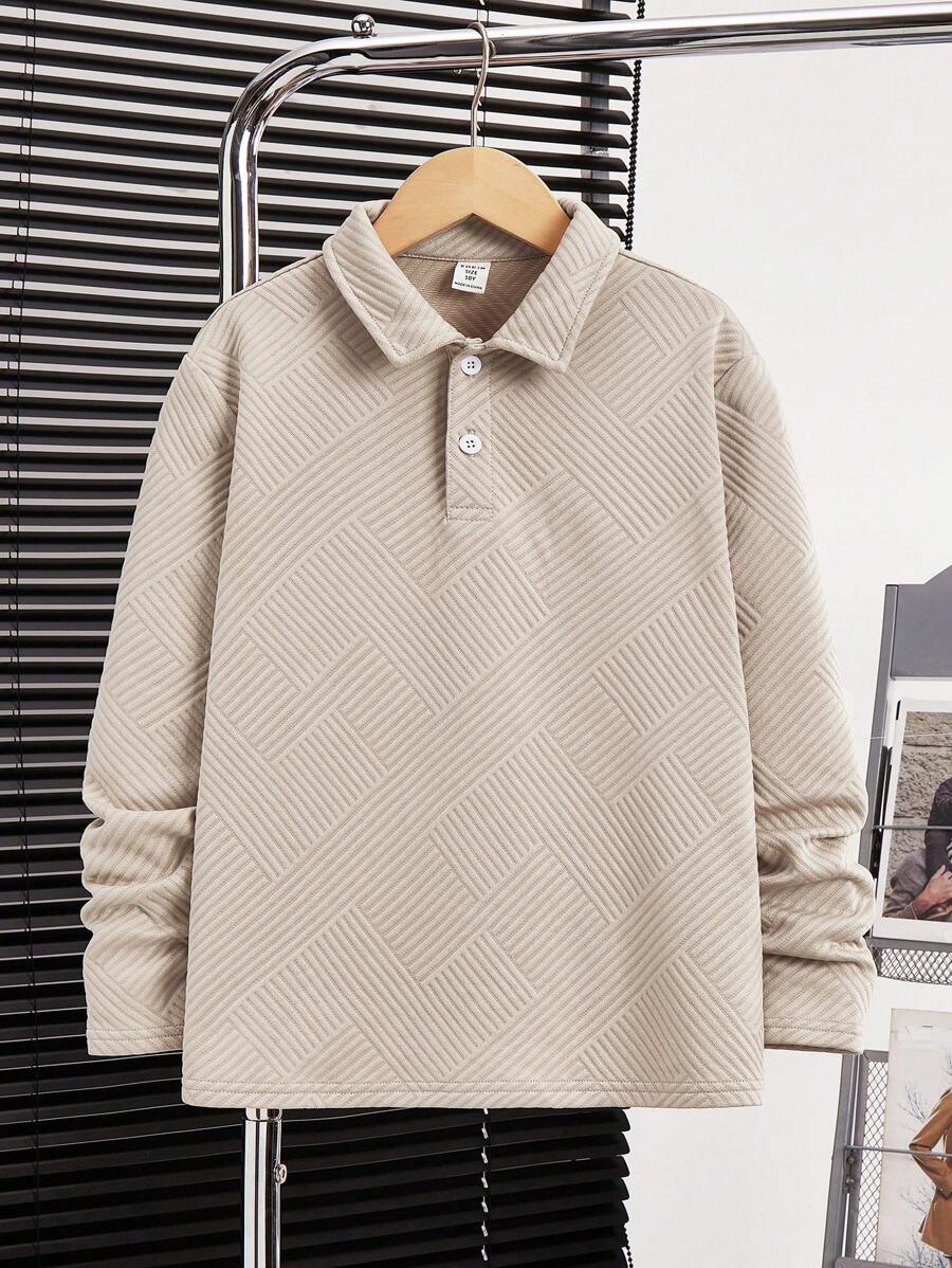 SHEIN Leap Crew Tween Boy Casual Textured Ribbed Long Sleeve Polo Shirt, Suitable For Spring & Autumn, Travel & School - Khaki - View 1