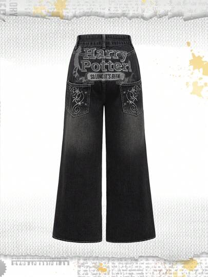 Harry Potter | ROMWE Women's Casual Cartoon And Letter Embroidered Wide Leg Jeans
