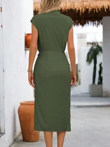 EMERY ROSE Đầm Maxi Mùa Hè Cho Nữ Màu Trơn Ve Áo Xoắn Eo Viền Xếp Ly - xanh quân đội - Xem 2