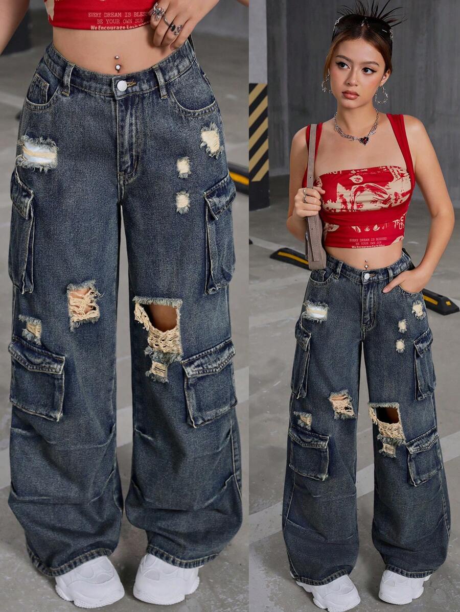 SHEIN Quần jeans ống rộng rách rưới phong cách Y2K dành cho nữ tuổi teen, thích hợp cho mùa thu đi học và phong cách đường phố Halloween. - Rửa tối - Xem 1