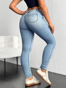SHEIN EZwear Women's Casual Distressed Slim-Fit Denim Jeans