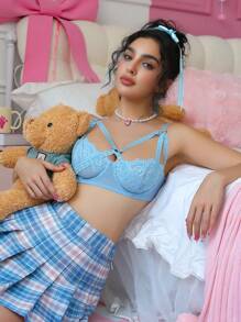 PetitDoll Women's Baby Blue Contrast Lace Medium Stretch Bra Pretty Underwear For Girls - Baby Blue - View 3