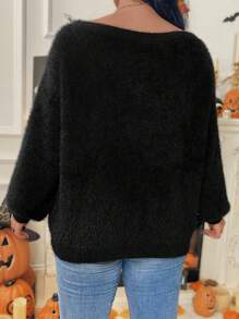 Flirla 大码卡通南瓜图案休闲针织套头衫，适合秋冬季节穿着。 - 黑色 - 查看 2