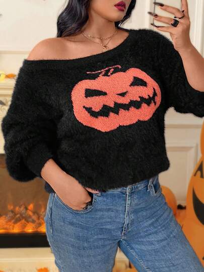 Flirla Plus Size Cartoon Pumpkin Pattern Casual Knit Sweater Knit Pullover Fall Winter Autumn
