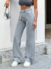 Cottnline 100%Cotton Women's Front Button Multiple Pockets Wide Leg Jeans, Casual Everyday Wear - Grey - View 5