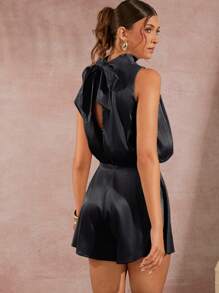 L'Amorae 不对称立领垂褶缎面连身裤