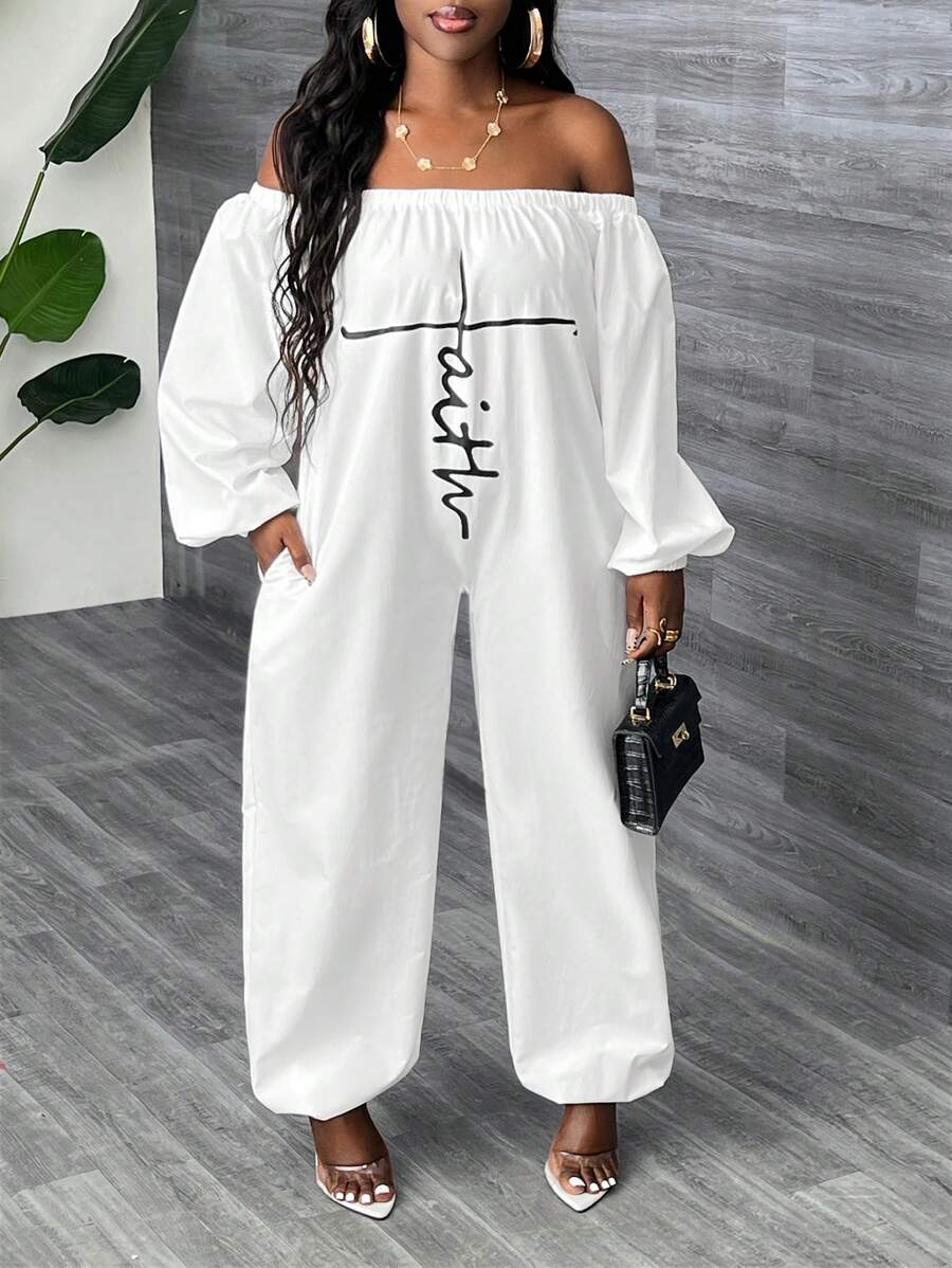 Slaydiva Mono con hombros descubiertos con texto en inglés para mujeres - Blanco - Ver 1