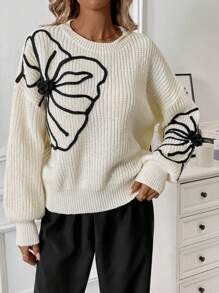 Chiquease 休闲百搭印花针织圆领毛衣，秋冬季 - 杏色 - 查看 3