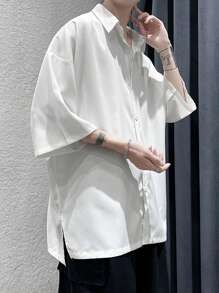 Claim Dot Loose Fit Men's Split Hem Drop Shoulder Shirt, For Fall