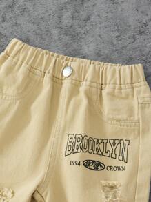 Baby Boys Casual Distressed Printed Soft Denim Tapered Pants, 4 Seasons - Khaki - View 3