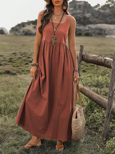 EMERY ROSE Vestido casual maxi sin mangas de cuello cuadrado de unicolor para mujer