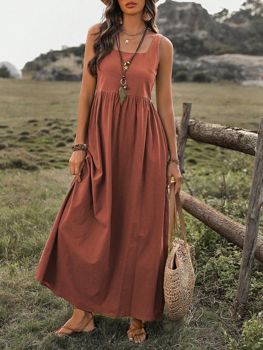 EMERY ROSE 女式夏季纯色方领无袖长款休闲连衣裙 - 鏽棕色 - 查看 1