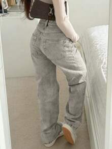 MYOURSA Women's Low-Rise Straight Leg Washed Jeans, Loose Fit, Casual Commute Daily Wear, Light Gray - Light Grey - View 2