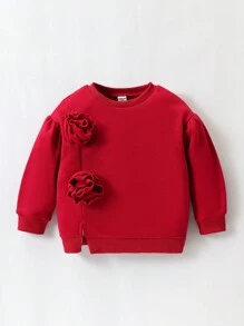 女孩優雅3D花卉裝飾圓領保暖透氣長袖衛衣，適合外出、聚會，秋冬穿著 - 彩色 - 查看 1
