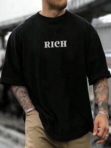 Manfinity LEGND 男士加大码夏季短袖休闲 T 恤，带字母图案、蒙面人物印花、外出街头装 - 黑色 - 查看 2