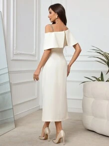 Modelyn Women's Asymmetric Neckline Cold Shoulder Chain Strap Stylish & Elegant Dress,White Dress