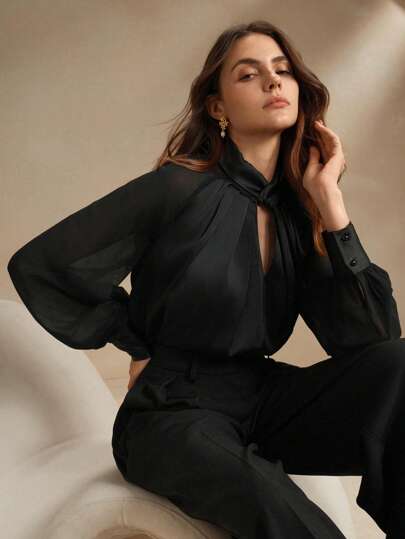 Anewsta 黑色现代都市镂空缎面长袖衬衫