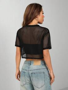 SHEIN PETITE Parte superior de malla negra para mujer - Negro - Ver 3