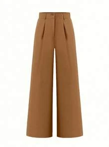 SHEIN Clasi Women's Casual Solid Color Wide Leg Pants Fall Cloth For Women - Khaki - View 4