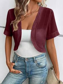 SHEIN Clasi Áo khoác hở trước tay ngắn màu trơn cỡ lớn cho nữ, mùa thu - Màu Đỏ Sâu - Xem 6