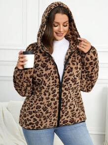EMERY ROSE Plus Size Women's Leopard Print Reversible Fleece Hoodies Jacket, Autumn/Winter - Brown - View 7