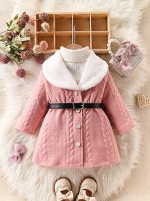 Baby Girl Warm Textured Collar Fashion Jacquard Pattern Elegant Mid-Length Outerwear, For Outdoor Play In Autumn/Winter