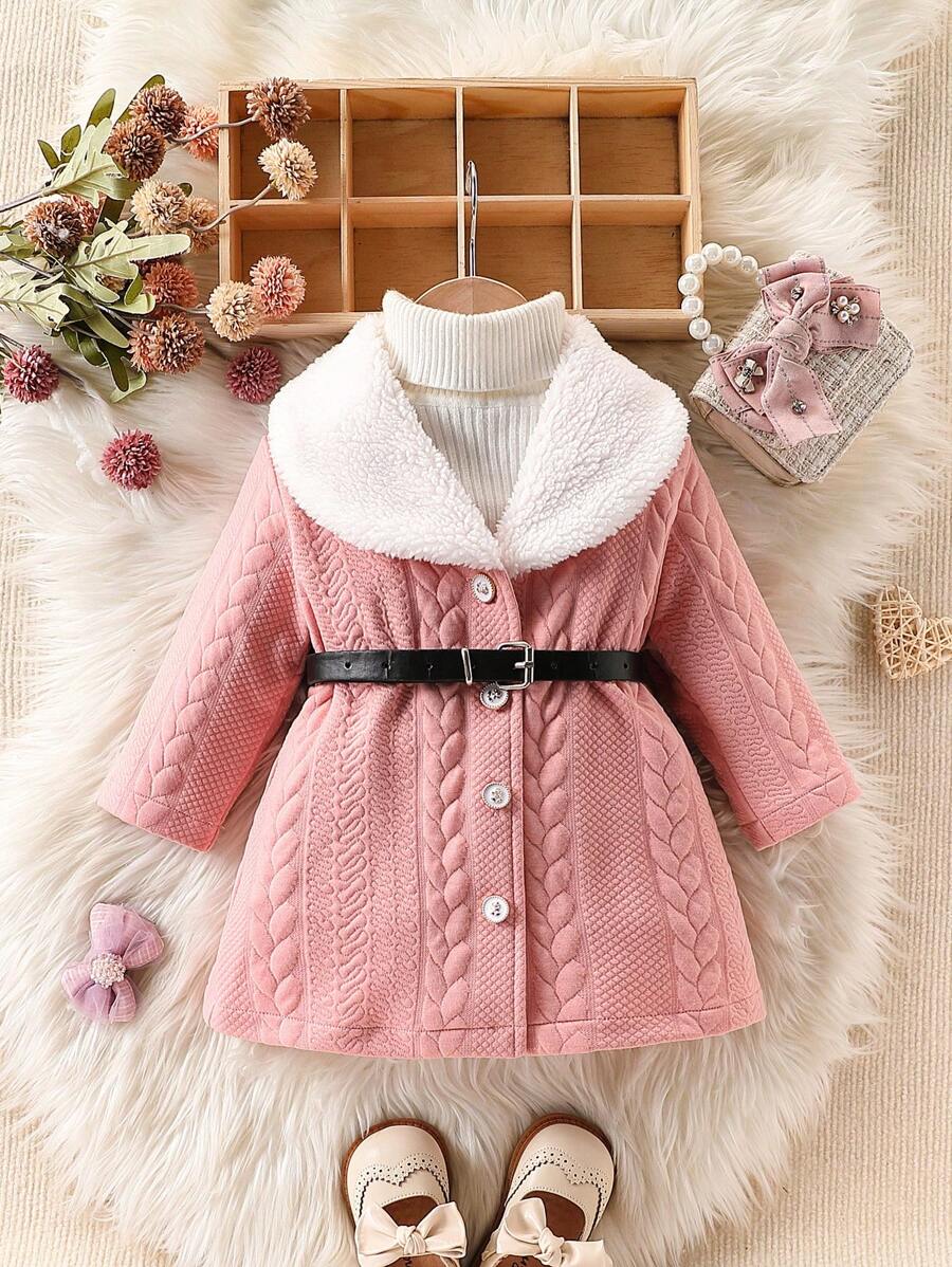 Baby Girl Warm Textured Collar Fashion Jacquard Pattern Elegant Mid-Length Outerwear, For Outdoor Play In Autumn/Winter